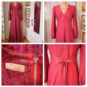 vtg 60s 70s Red Lurex Mod Glam Wrap Torso Sexy Tie Back Empire Waist Maxi Dress